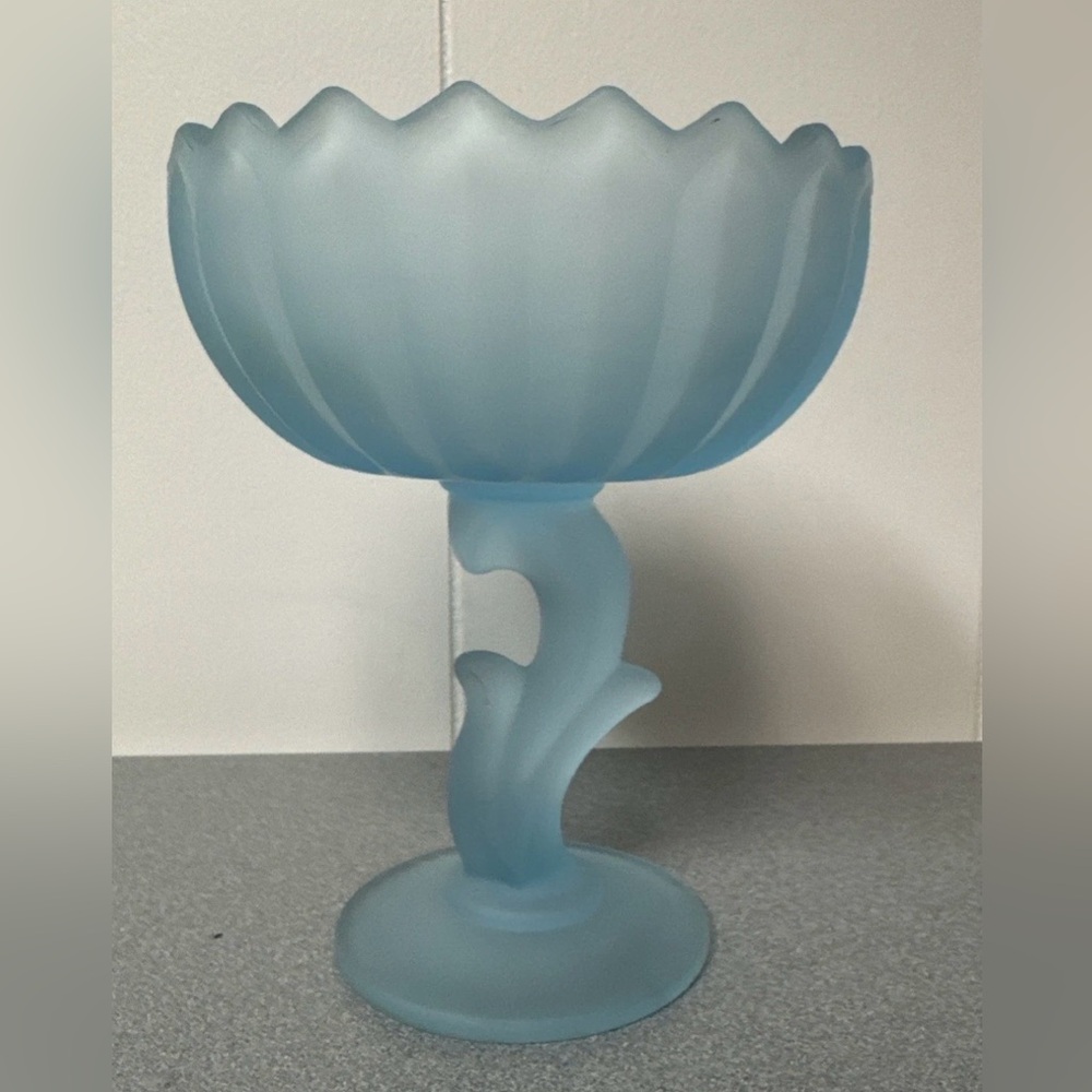 Vintage Indiana Glass Blue Satin Frosted Lotus Blossom Pedestal Bowl Compote